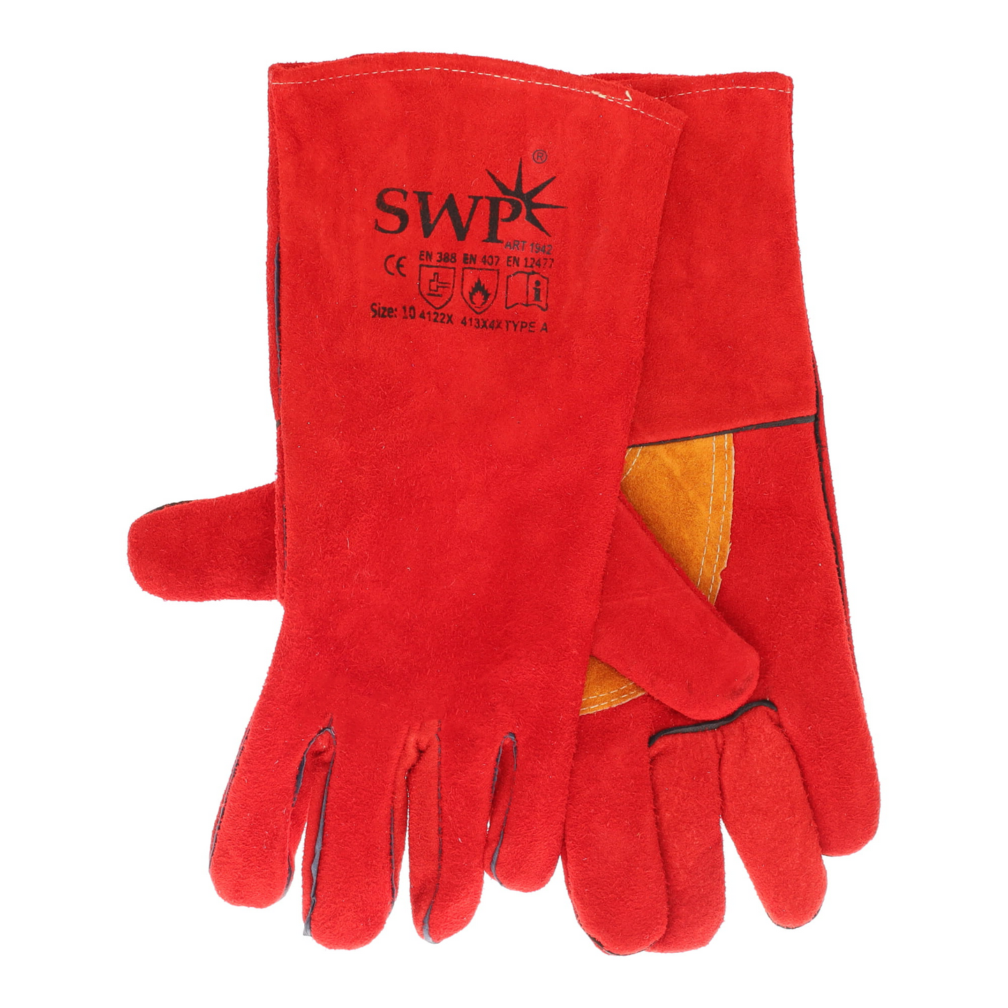 SWP Size 10 Red Split Leather Kevlar Stitched MIG Gauntlet