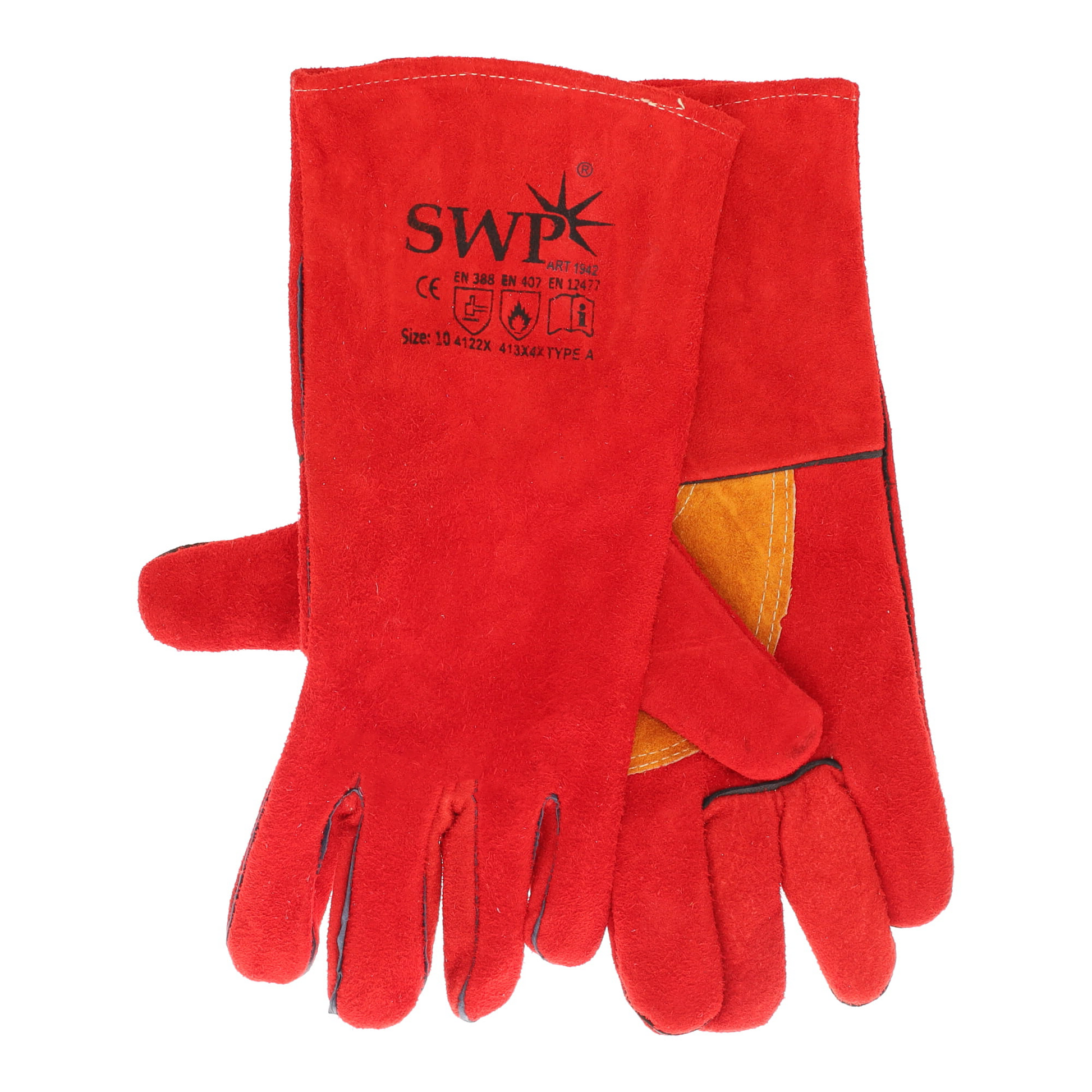 SWP Size 10 Red Split Leather Kevlar Stitched MIG Gauntlet