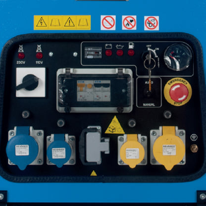 Control panel with various switches, buttons, and warning labels on a blue background